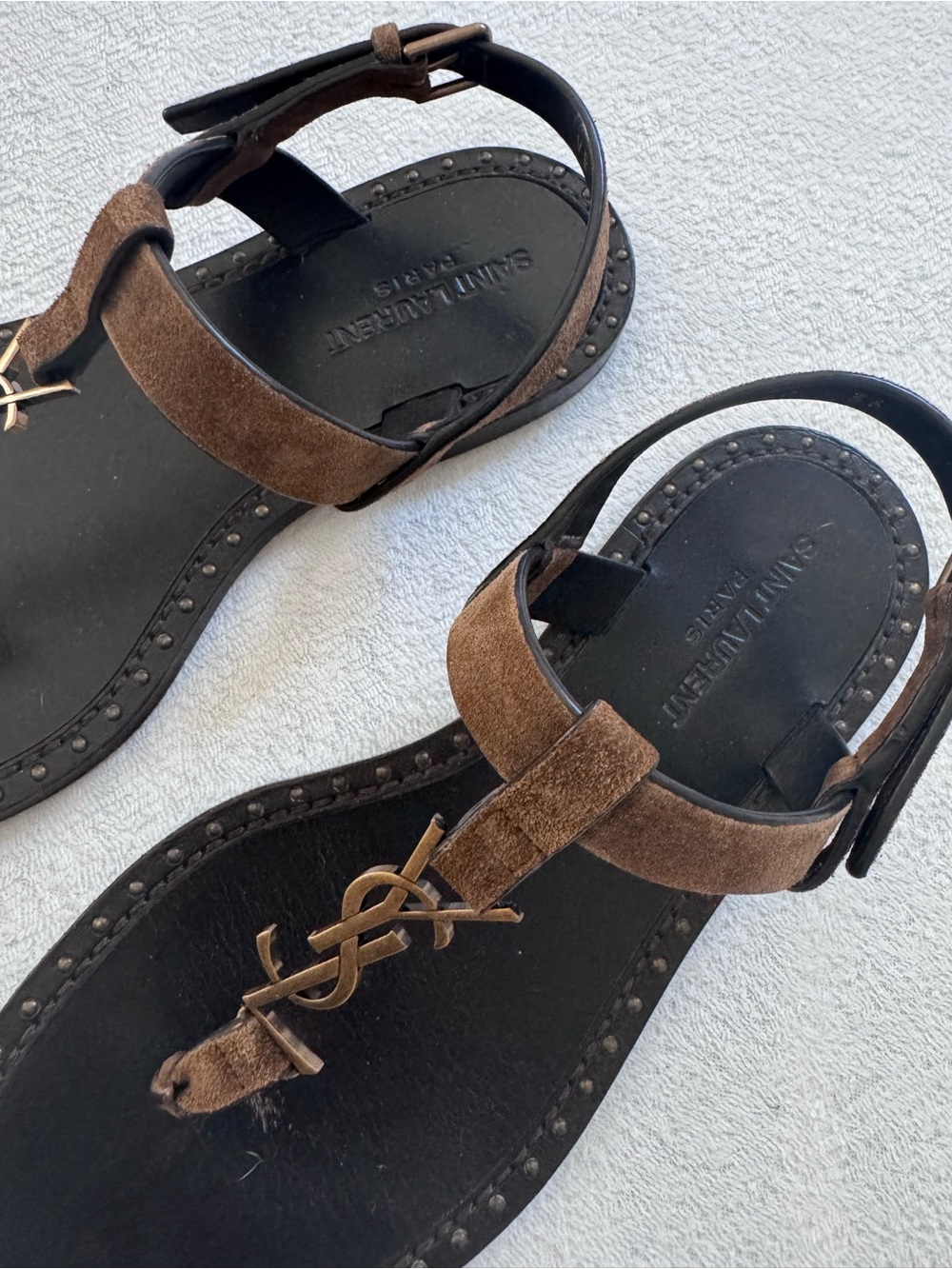 Saint Laurent Brown Suede YSL Logo T-Strap Sandals with Gold Hardware - Picture 2 of 3
